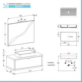 Mobile bagno sospeso 110 cm Master rovere miele con lavabo e specchio