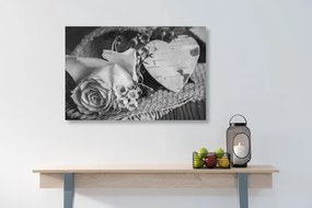 Quadro su tela – Rose e cuore in juta in bianco e nero