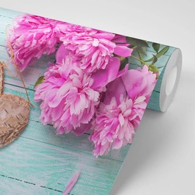 Carta da parati – Peonie e cuori di betulla
