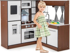 Costway Cucina giocattolo angolare con luci e suoni realistici sistema di circolazione dell'acqua, Cucina per bambini Marrone