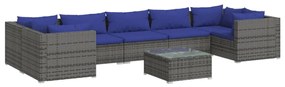 Set Divani da Giardino 8 pz con Cuscini in Polyrattan Grigio