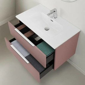 Mobile bagno sospeso 100 cm rosa cannettato con lavabo e specchio tondo Zena