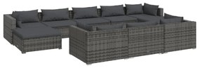 Set divani da giardino 10 pz con cuscini in polyrattan grigio