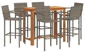 Set bar da giardino 7 pz grigio in legno acacia e polyrattan