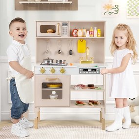 Costway Cucina da gioco regolabile in altezza set legno con luci e suoni reali, Cucina da gioco set giocattolo per bambini 3+ anni Giallo terroso