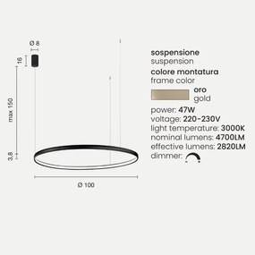 Lampada a sospensione con cerchio orizzontale in metallo Oro 100 cm NOVA