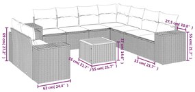 Set divani da giardino 10pz con cuscini in polyrattan nero