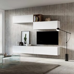 Parete attrezzata in legno sospesa moderna L268xP39.5 Bianco Frassino A01