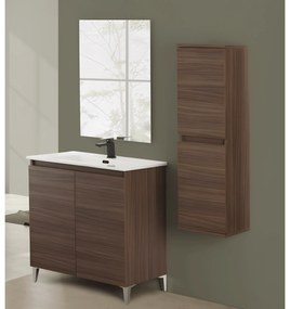 Mobile Bagno a Terra 80 Cm Due Ante Specchio a Filo 80x60 Cm Feridras "Revital" Noce Canaletto