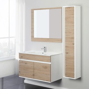 Mobile Bagno Sospeso 90 Cm Due Ante Specchio Feridras "Fabula" Bianco/Rovere Di Bordeaux