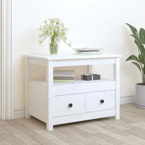 Tavolino Da Salotto Bianco 71x49x55cm İn Legno Massello Di Pino /