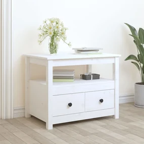 Tavolino Da Salotto Bianco 71x49x55cm İn Legno Massello Di Pino /
