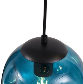 Lampada a sospensione Art Déco nera con rosone ovale e vetro verde e blu a 6 luci - Douglass
