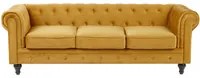 Divano Chesterfield Tessuto Velluto Giallo Senape Rivestimento Gambe Nere 3 Posti