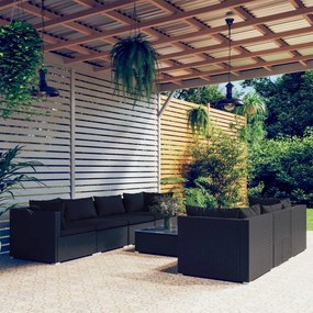 Set mobili da giardino con cuscini 8 pz in polyrattan nero