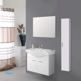 Mobile Bagno Sospeso "Stella" Da 85 Cm Composto Da Due Ante Lavabo E Specchio Finitura Bianco Lucido