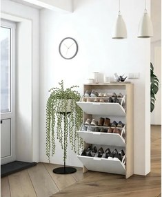 Scarpiera 3 Ante Doppio Scomparto 60x22x113 Cm Salvaspazio 18 Paia Bianco Lucido Rovere