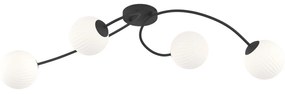 Plafoniera 4 Luci Loki In Acciaio Nero E Vetro Rigato A Sfera Bianco