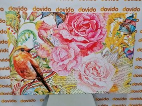 Quadro su tela – Uccellino vintage con fiori