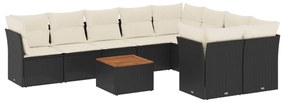 Set divani da giardino 10pz con cuscini in polyrattan nero