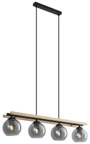 Lampada a sospensione smart nera con legno e vetro fumé 4 luci incl. WiFi A60 - Aleks