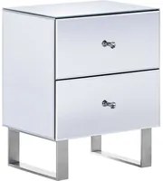 Comodino 2 Cassetti Pomello Cristallo Specchiato Vetro Argento Base A Slitta Contenitori Glam