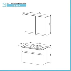 Mobile bagno sospeso 80 cm rovere scuro con specchio contenitore Mona