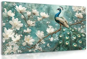 Quadro su tela – Pavone circondato da fiori bianchi