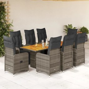 Set bistrò da giardino 9 pz con cuscini in polyrattan grigio