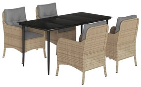 Set da pranzo da giardino 5 pz con cuscini beige in polyrattan