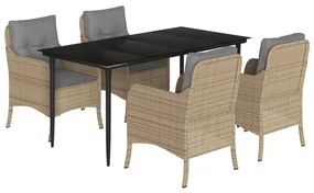 Set da pranzo da giardino 5 pz con cuscini beige in polyrattan