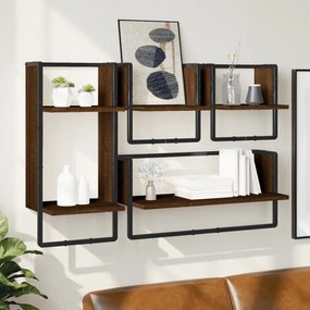 Set Mensole Parete Con Aste 4pz Rovere Marrone İn Multistrato /