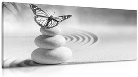 Stampa su tela – Equilibrio di pietre e farfalla in bianco e nero