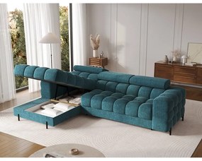 Divano angolare blu allungabile/con contenitore (con penisola a sinistra/con chaise lounge) con rivestimento in bouclé Felro – ELTAP