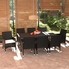 Set da pranzo da giardino 9 pz con cuscini nero in polyrattan