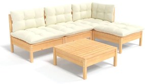 Set divani da giardino 5 pz con cuscini crema massello di pino