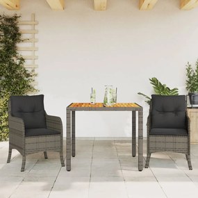 Set Da Pranzo Da Giardino 3 Pz Con Cuscini İn Polyrattan Grigio /