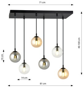 Sospensione Moderna 6 Luci Kali In Acciaio Nero E Sfere In Vetro Multicolor