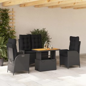 Set da pranzo da giardino 4 pz con cuscini nero in polyrattan