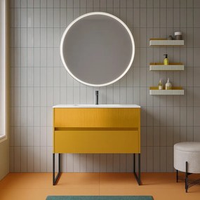 Mobile bagno da terra con lavabo Niwa 90cm senape con vetro senape cannettato 2 cassetti per vasca centrale