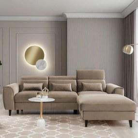 Divano angolare marrone chiaro allungabile/con contenitore (con penisola a destra/con chaise lounge) e rivestimento in velluto Foble – ELTAP