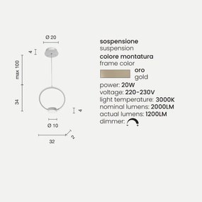 Lampada a sospensione Led OMEGA in metallo verniciato Oro D32 cm