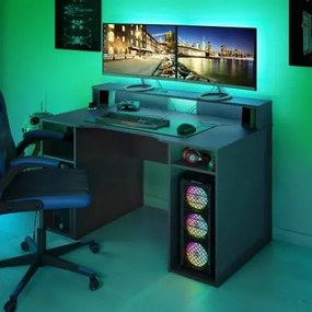 Scrivania Dlucum, Scrittoio multifunzione moderno da Gaming, Tavolo da studio porta PC e porta CD, Tavolo da studio con ripiani, 136x67h88 cm, Antracite