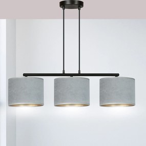Lampadario 3 Luci Ganesha In Acciaio Nero E Paralumi In Tessuto Grigio