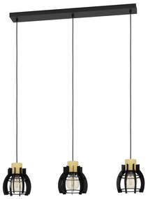 Lampadario A Sospensione Vintage Stillington 1 Acciaio Nero Legno 3 Luci E27