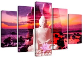 Quadro su tela 5 pannelli Buddha Mare al tramonto