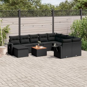 Set divani da giardino 11 pz con cuscini in polyrattan nero