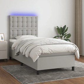 Letto a molle materasso e led grigio chiaro 90x190 cm tessuto