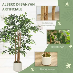 Pianta Artificiale di Baniano Alta 120 cm Verde in PEVA e Legno con Vaso Contenitore in PP e Cemento Bianco...