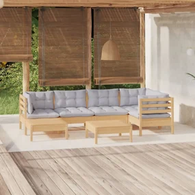 Set divani da giardino 7 pz con cuscini grigi massello di pino